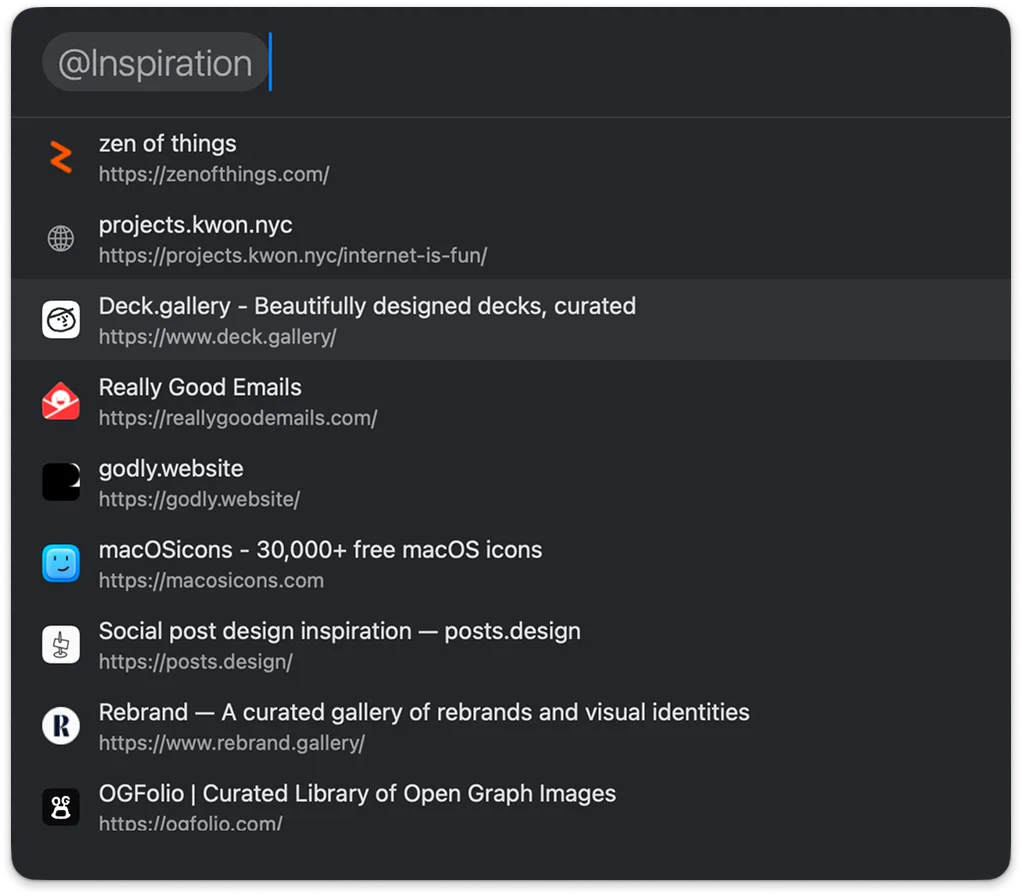 The Tejuelo search panel: the query @Inspiration and nine matching bookmarks